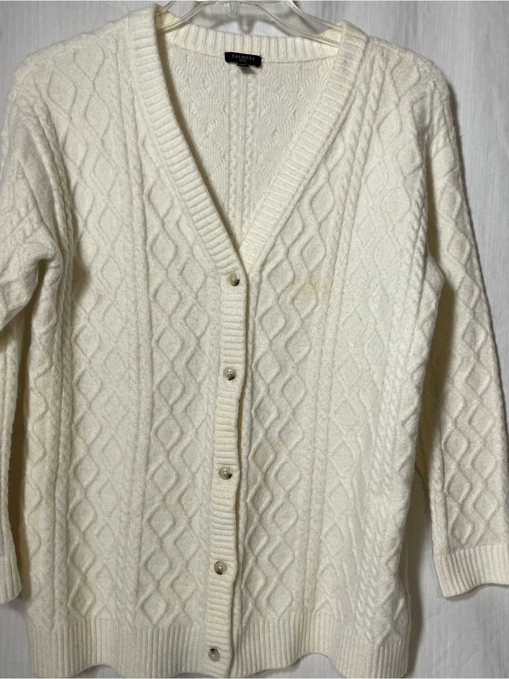 Talbots Ivory Cable Knit V-Neck Button Cardigan